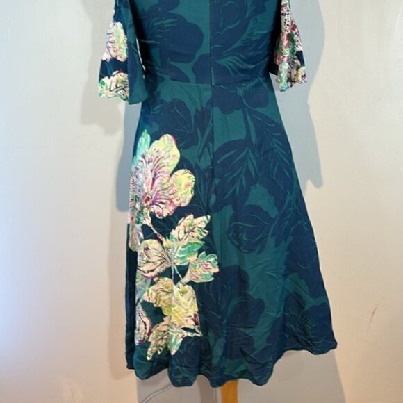 Maeve Anthropologie Elia Floral Print Cold Open Shoulder Dress Size 8 Teal Blue - Picture 5 of 10